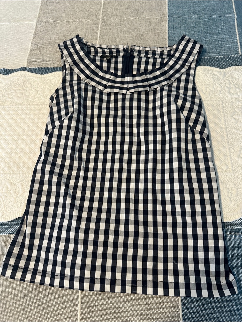 Talbots Petite Navy & White Gingham Sleeveless Blouse with Ruffle Neck